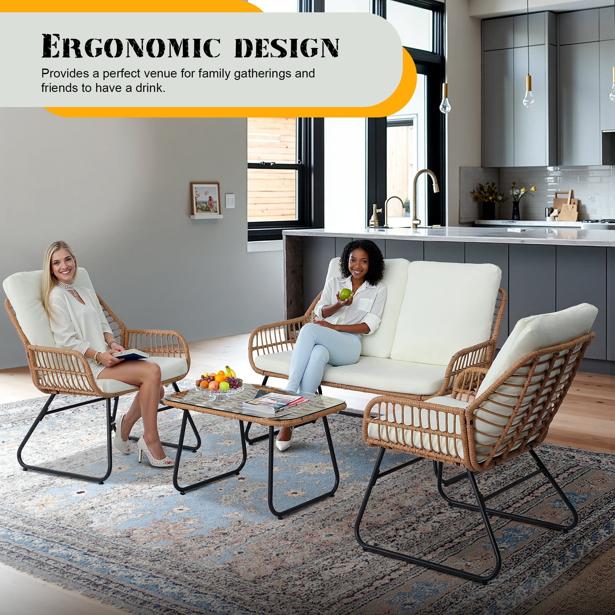AstrPthylx 4-Piece Rattan Patio Set - All-Weather Outdoor Conversation Furniture with Tempered Glass Table & Quick-Dry Cushions for Garden, Porch, Balcony