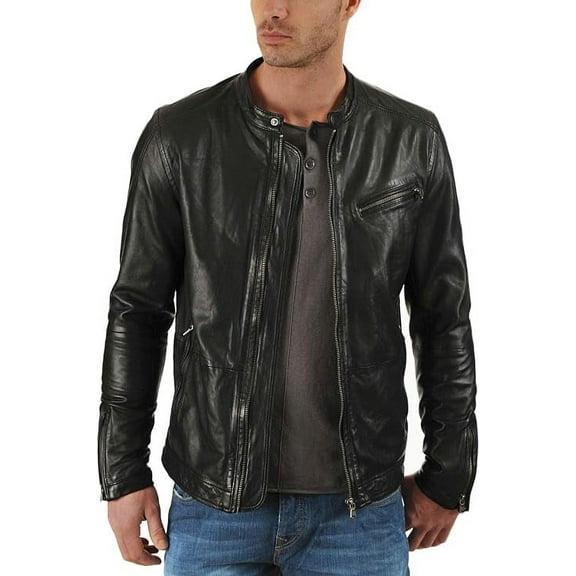 New Mens Leather Jacket Slim Fit Biker Motorcycle Genuine Leather Coat A096