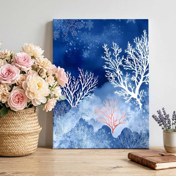 Canvas Wall Art Summer Ocean Corals Canvas Art Print Nautical Coastal Watercolor Blue Sea Waves Pictures Wall Decor for Living Room Bedroom Artwork Decorations Stretched Framed Ready to Hang 8"x10"