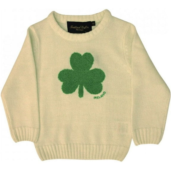 Traditional Craft Ltd. Girl's Cream Knit Irish Emerald Shamrock Kids Jumper from Ireland