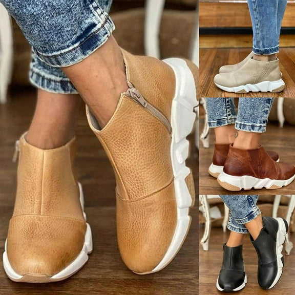 Eoperou Short Boots Zipper Closure Round Toe Side Flat Bottom Solid Color Retro Short Boots for Women