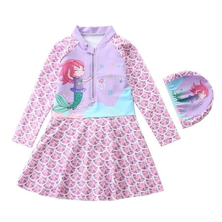 

BULLPIANO Toddler Girls Swimsuit One Piece Mermaid UPF 50+ Dress Swimwear with Hat 3-10 Years