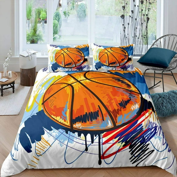 Basketball Duvet Cover Set Black 3D Ball Sports Theme Bedding Set Microfiber Basketball Court Compet