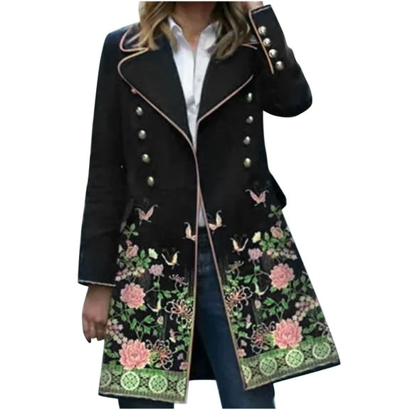 IROINNID Women's Mid-Long Open Front Coat Print Long Sleeve Comfy Warm Coat Cardigan Winter Outerwear, Black