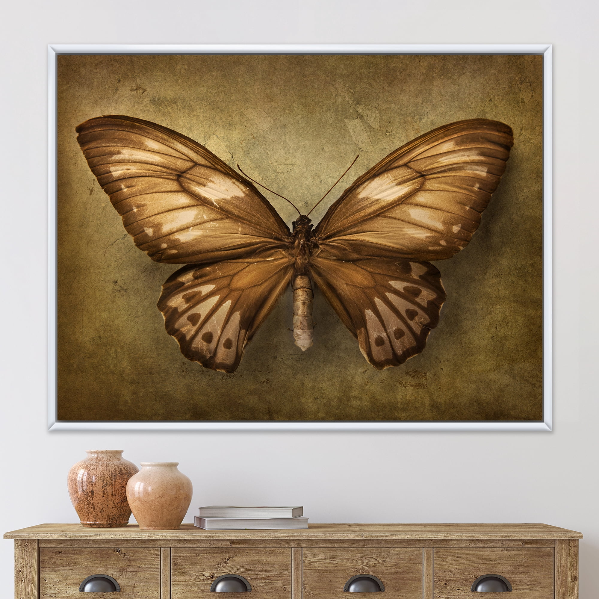 Designart 'Ancient Butterfly In Earth Tones' Vintage Framed Canvas Wall Art Print