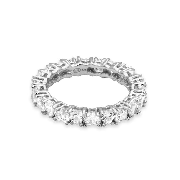 Rhodium Plated Sterling Silver 925 Eternity Ring Heart Shaped Clear CZ White Female Size 7