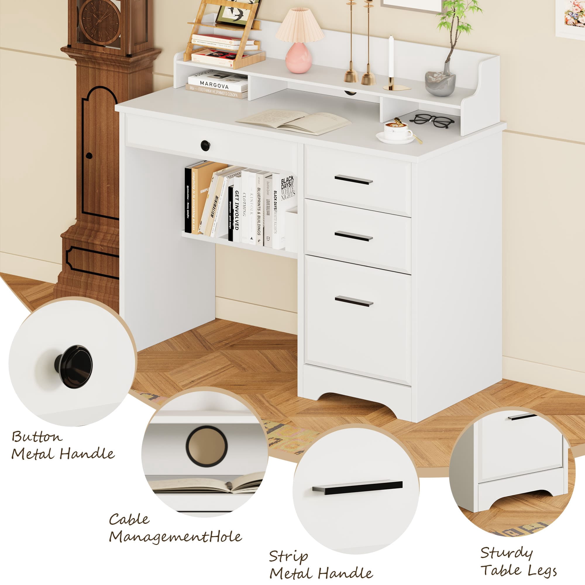 4 EVER WINNER White Home Office Computer Desk with 4 Drawers & Hutch, Modern Wood Study Writing Table for Bedroom, Home Office Furniture with Ample Storage Space