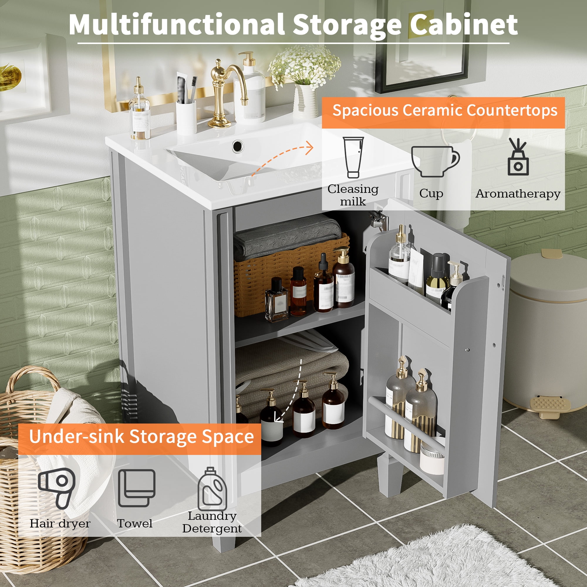 Euroco 20" Gray Bathroom Vanity with Ceramic Sink, Soft Close Door, Adjustable U-Shaped Shelf, Door Storage Rack, Modern Freestanding Cabinet for Small Bathrooms
