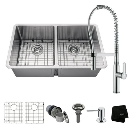 Kraus Kitchen Combo With 33 Inch Undermount 50 50 Double Bowl 16 Gauge Stainless Steel Kitchen Sink And Nola Commercial Kitchen Faucet With Soap