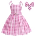 thumbnail image 4 of Película Margot Robbie Barbie disfraz de Cosplay rosa estrellado chaleco Top pantalones bufanda traje para niños niñas fiesta de cumpleaños vestido a cuadros rosa, 4 of 5