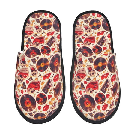 Balery Skull rock record music heart Slient Indoor Furry Fleece Comfort House Shoes Soft Non-Slip Home Shoes Cotton slippers House Slippers-- Large