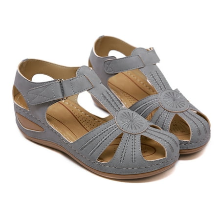 

FAMITION Wedge Sandals for Women Comfortable Closed Toe Sandals Casual Summer Ankle Strap Platform Heel Sandals Dressy Shoes Grey Size 8.5