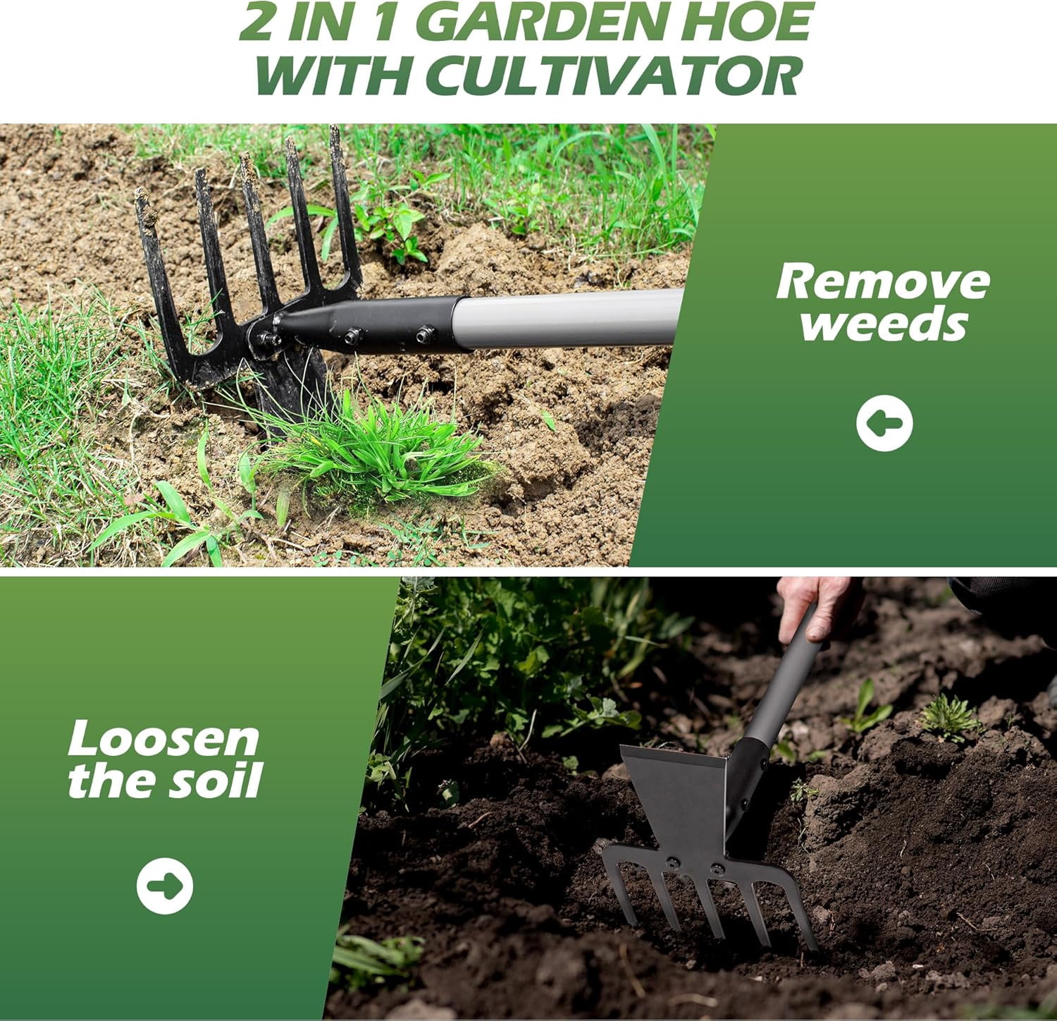 Walensee 2 in 1 Hoe Garden Tool, 63 Inch Garden Hoe Cultivator and 5-Tines Rake with 37-63 Inch Adjustable Long Handle, Weeding Tools Hand Tiller for Yard Lawn Flower Beds Planting Gardening Digging