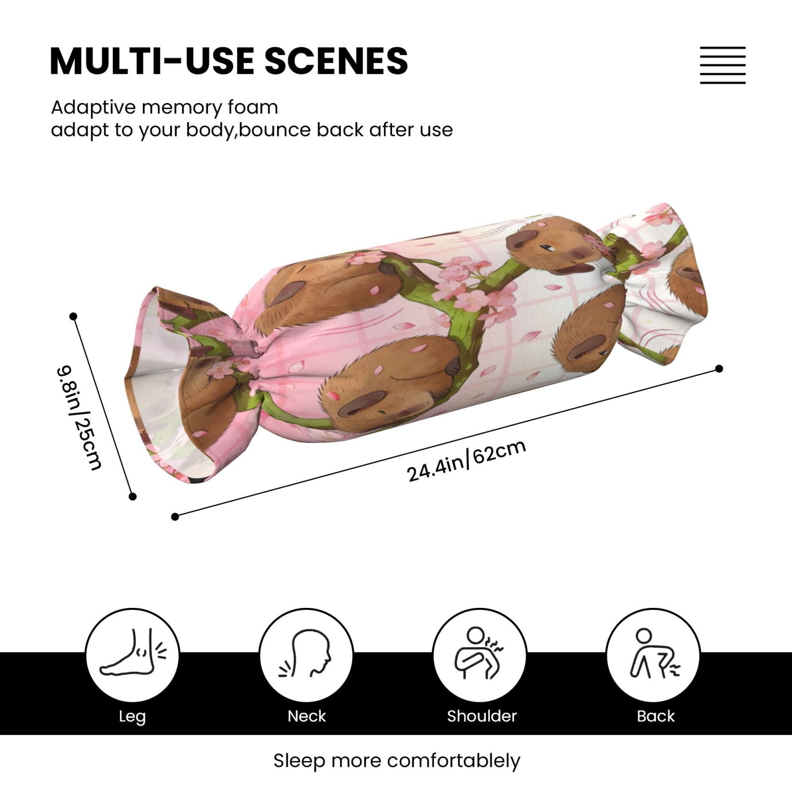 Candy Throw Pillow Travel Cervical Pillow Cylindrical Neck Body Cushion With Insert For Bed Couch Home Decor 9.8x24.4in Capybaras Sleeping On Tree Branches