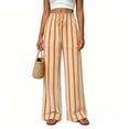thumbnail image 5 of Crinkle Textured Womens Striped Wide Leg Pants Drawstring High Waist Loose Flowy Trousers with Pockets Daily Beach Loungewear Pants Beige, 5 of 7