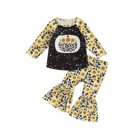 

Wassery Toddler Baby Girl Halloween Outfits Long Sleeve Leopard Pumpkin T Shirt Tops Bell Bottom Flared Pants Set