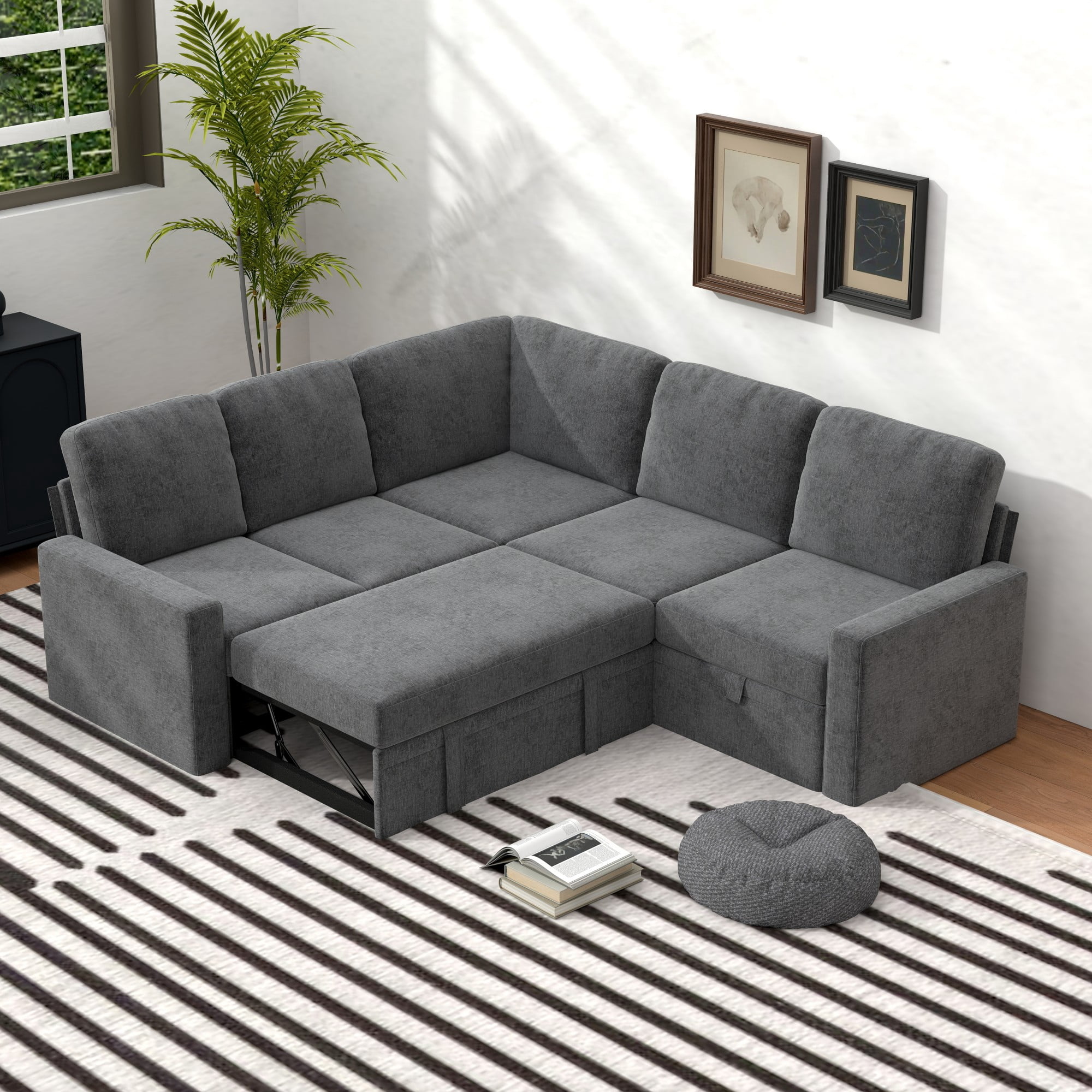Gewnee 5-Seater Gray L-Shaped Convertible Sofa - Skin-Friendly & Wear-Resistant Chenille Fabric, Solid Wood Frame with Multifunctional Storage, for Living Rooms & Halls