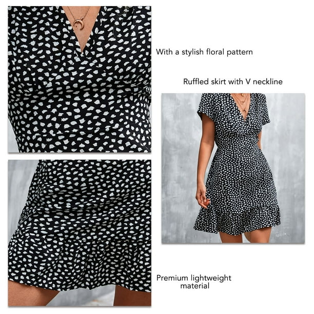 Vestido corto, con volantes, cómodo, cuello en V, transpirable, floral, para mujer, para interior y exterior LYUMO Lustrado y Reparación de Zapatos