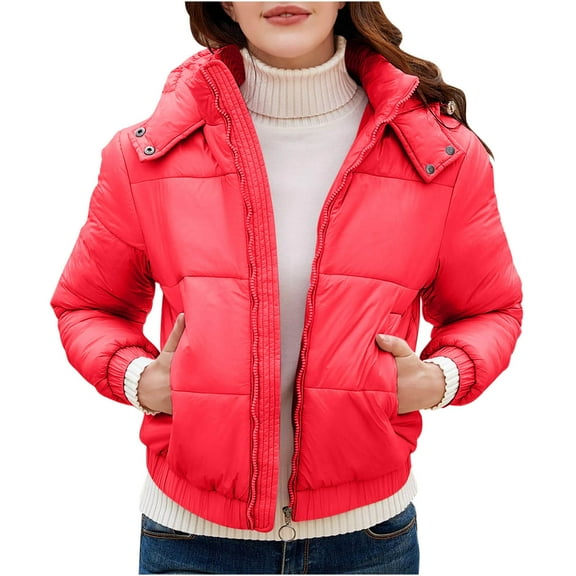 Hvyesh Women Cropped Puffer Coat Cozy Zip Up Padded Coat 2025 Warm Hooded Winter Coat Long Sleeved Casual Jacket