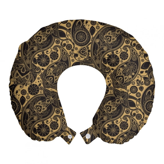 Ethnic Travel Pillow Neck Rest, Traditional Folk Art Textured Cultural Retro Twisted Leaves Classical Art, Memory Foam Traveling Accessory Airplane and Car, 12", Black Cream, by Ambesonne