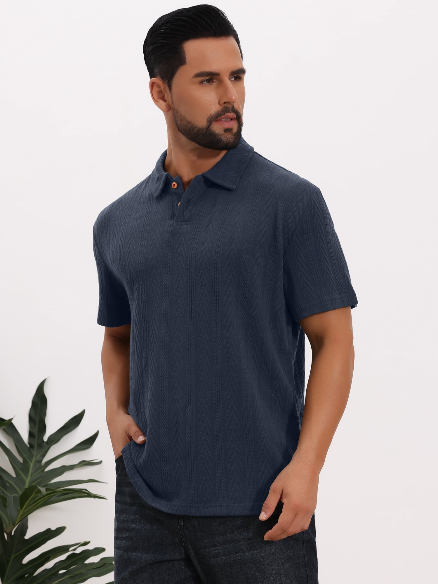 DARING DIVA Men's Jacquard Short Sleeve Button Down Collared Polo Shirts L Dark Blue