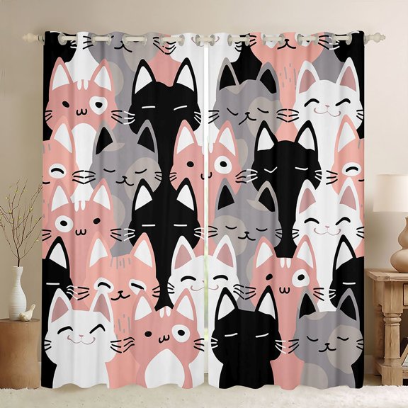 jejeloiu Cartoon Cute Kitten Black Out Curtains,Kawaii Pet Cat Curtains Pack of 2 (42x63 Each),Pink Gray Black Bedroom Curtains For Girls Kids,Super Cozy Room Decor