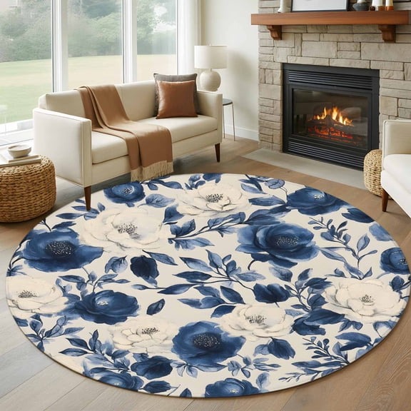 Navy Blue Beige Peony Round Rug 5ft Washable Circle Kitchen Rugs Non Slip Vintage Floral Blossom Botanical Large Area Rug Indoor Floor Carpet for Bedroom Living Room Home Office Dining Room Nursery