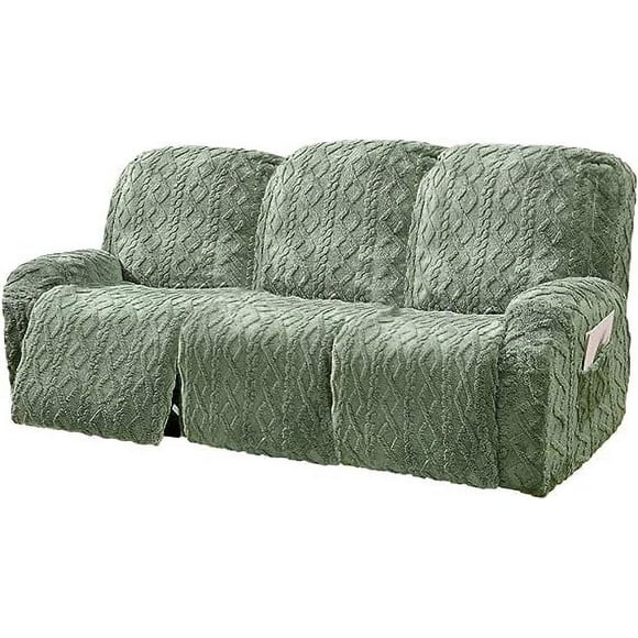 2024 8 Pieces Geometric Jacquard Plush Recliner Sofa Covers Soft Fuzzy Fluffy 3 Seats Couch Cover Anti-Slip Sofa Slipcover Furniture Protector with Elastic Bottom for Kids Pet(Green 3 Sea