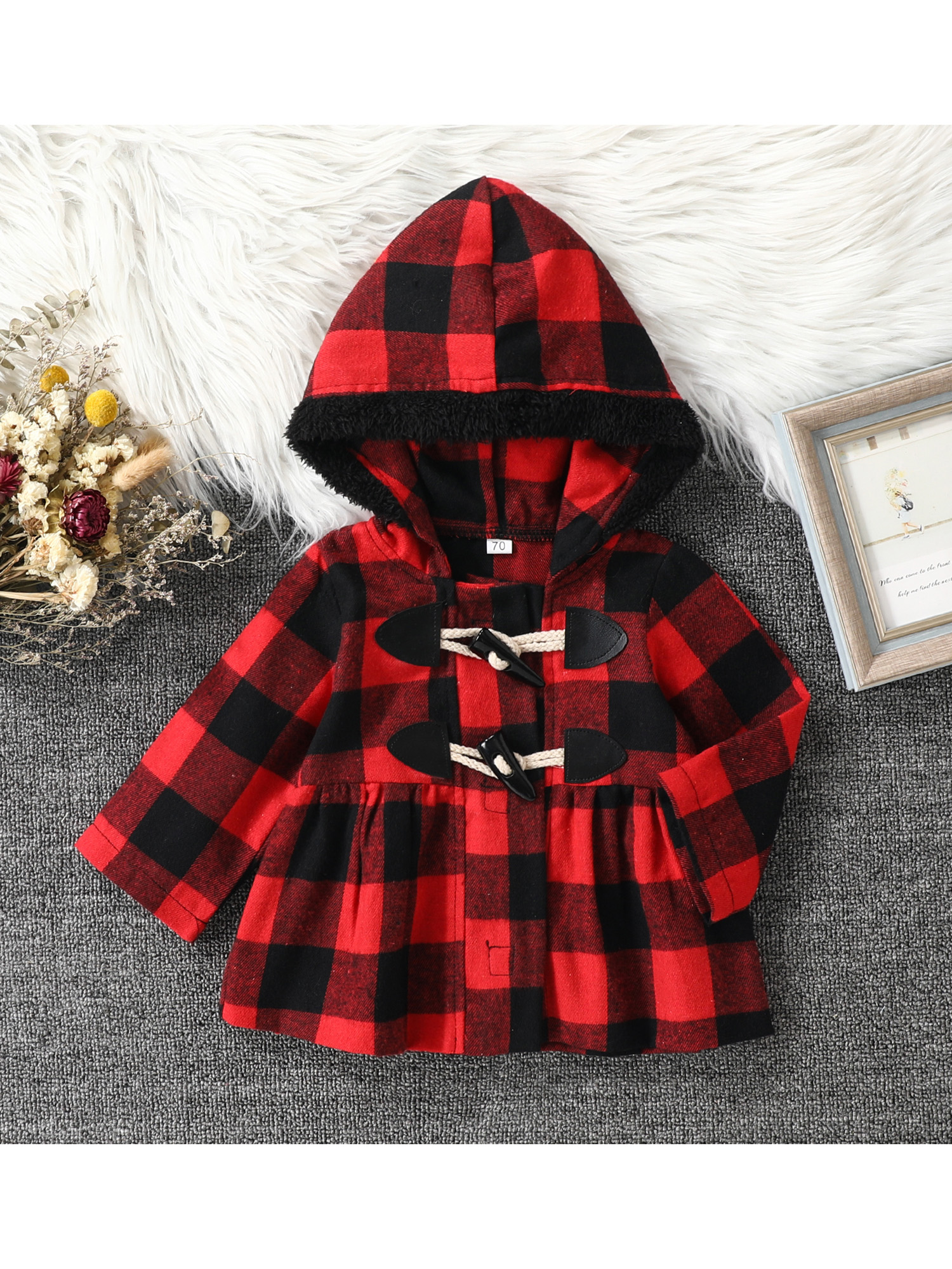 Gwiyeopda Toddler Baby Girls Hooded Coat Plaid Print Long Sleeves Horn Button Closure Autumn Winter A-Line Jacket - image 2 of 6
