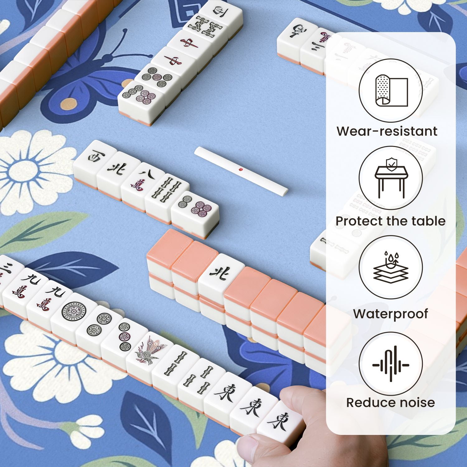 Mahjong Mat 31.5" x 31.5" Blue Floral Butterflies Green Leaves Anti-Slip and Noise Reduction Symmetry Design Mahjong Tiles Table Cover for Dominoes Poker Card Board and Tile Games