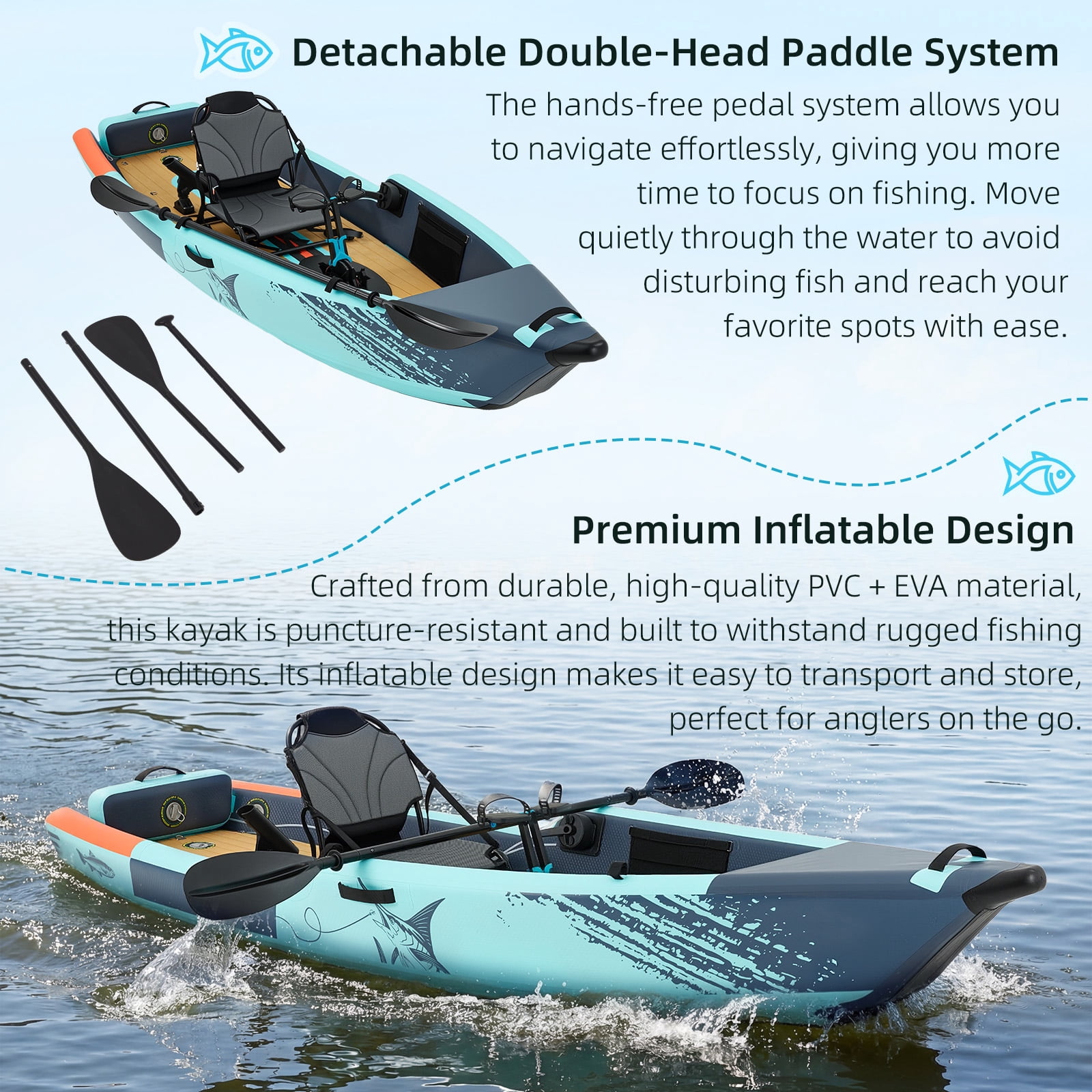 Bezliving 12ft Inflatable Kayak with Pedal System, Lightweight & Portable with Aluminum Seat, Rudder System, and Accessories Included, Blue