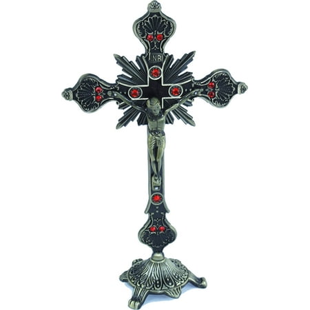 - Altar table Church standing Crucifix - Brass tone with 12 Red Stones from Jerusalem ( 12 Inches )