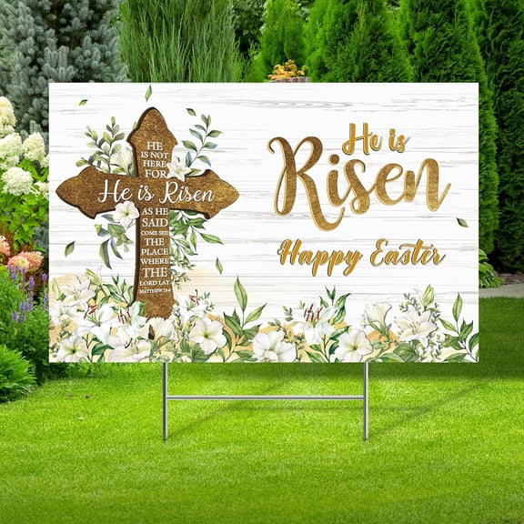 He Is Risen Yard Sign Outdoor Decorations Happy Easter Yard Stakes Religious Yard Decoration Easter Cross Sign Eucalyptus Lily Spring Yard Sign for Christian Holiday Garden Lawn Decor