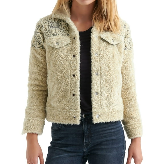 Lucky Brand Womens Sherpa Jean Fleece Jacket, Beige, X-Small