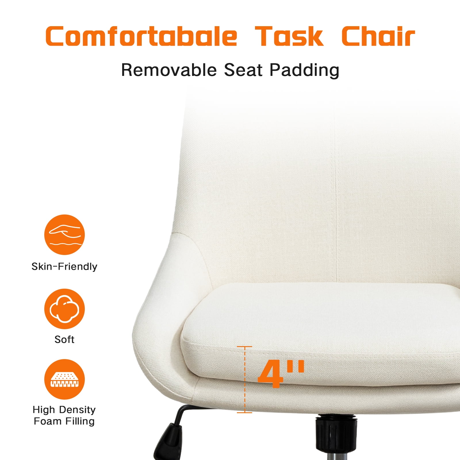 Armless Desk Chair with Wheels, Adjustable Swivel Fabric Makeup Chair, Comfortable Home Office Task Computer Chair, Beige