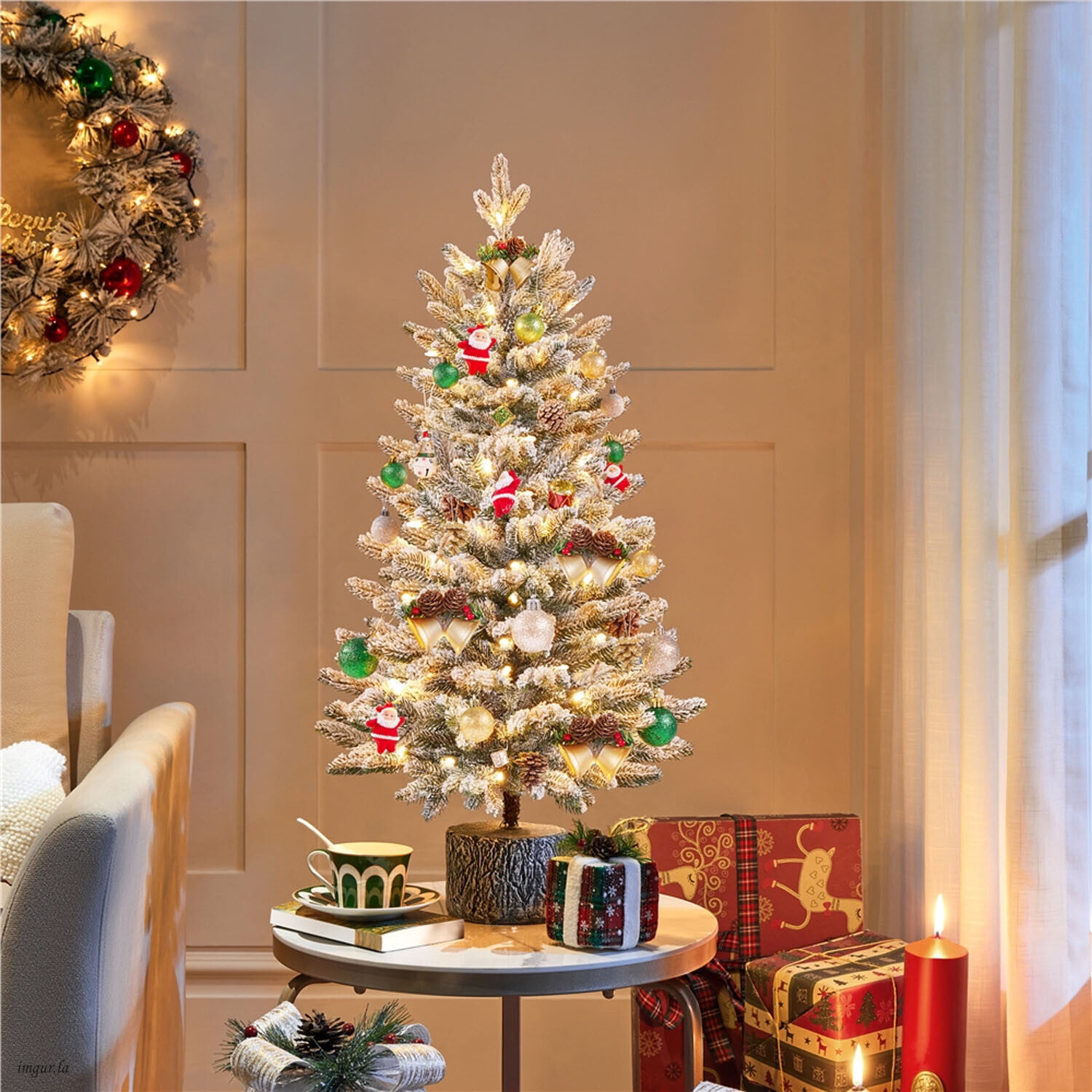 Alden Design 3FT Pre-lit Potted Flocked Tabletop Christmas Tree, Mini Artificial Xmas Tree with LED Lights, Stand and Protective Sheet, Green & White