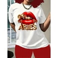 thumbnail image 1 of Aries Zodiac Sign Women's T-Shirt - Bold Red Lips & Golden Chains Graphic, Casual Crew Neck Short Sleeve Top, Lightweight Cotton Blend, Perfect for Spring & Summer, Summer Fashion | Bold Graphic Tee, 1 of 6
