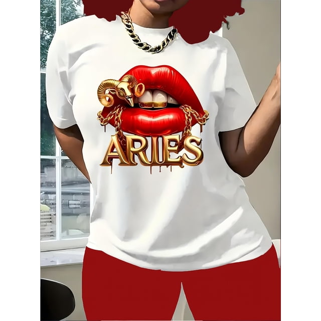 Aries Zodiac Sign Women's T-Shirt - Bold Red Lips & Golden Chains Graphic, Casual Crew Neck Short Sleeve Top, Lightweight Cotton Blend, Perfect for Spring & Summer, Summer Fashion | Bold Graphic Tee