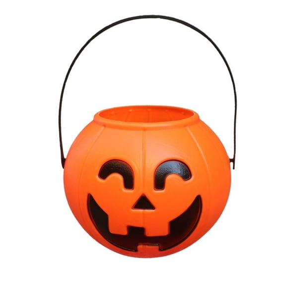 Plastic Halloween Pumpkin Candy Bucket – Portable Handheld Lantern Pail with Metal Handle (Orange)