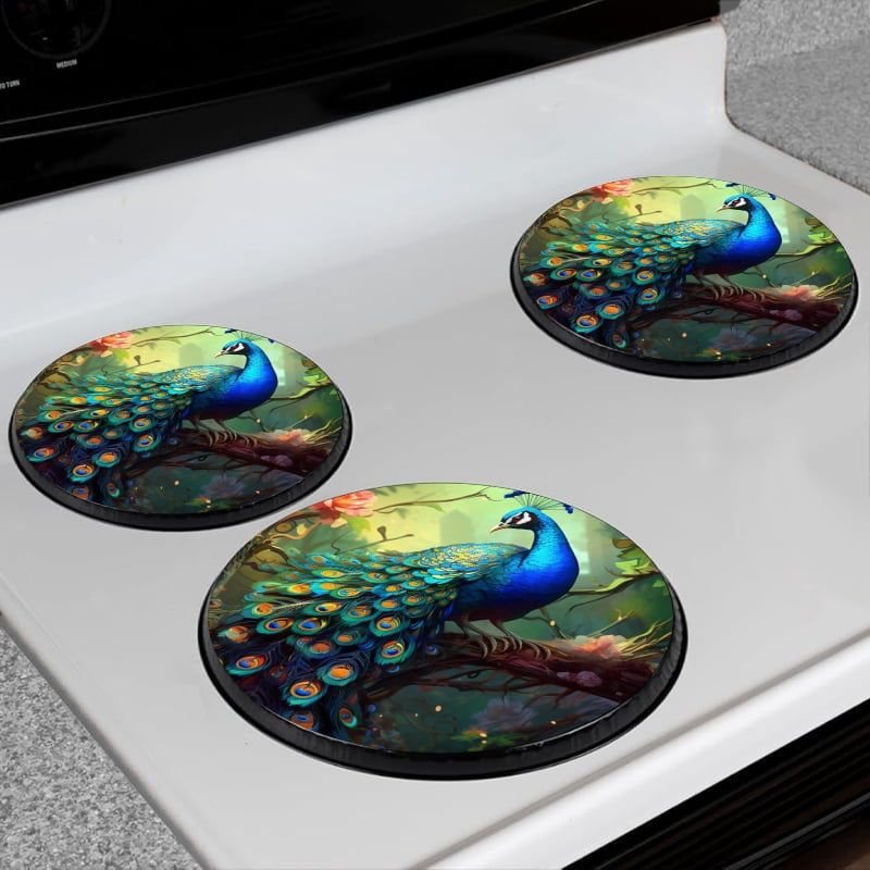 Bahomeck Gas Stove Burner Cover Set Of 4,Majestic Peacock With Vibrant Blue And Green Plumage Metal Electric Stove Burner Covers,Protecting Gas Stoves,Kitchen Decor，8 Inch And 10 Inch
