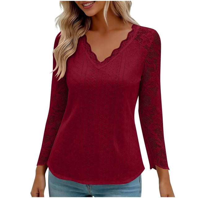 Encaje Manga Larga Tops para las Mujeres Más Tamaño V-Cuello Sólido Casual Blusa, Suave Suéter de Poliéster, Primavera de Uso Diario