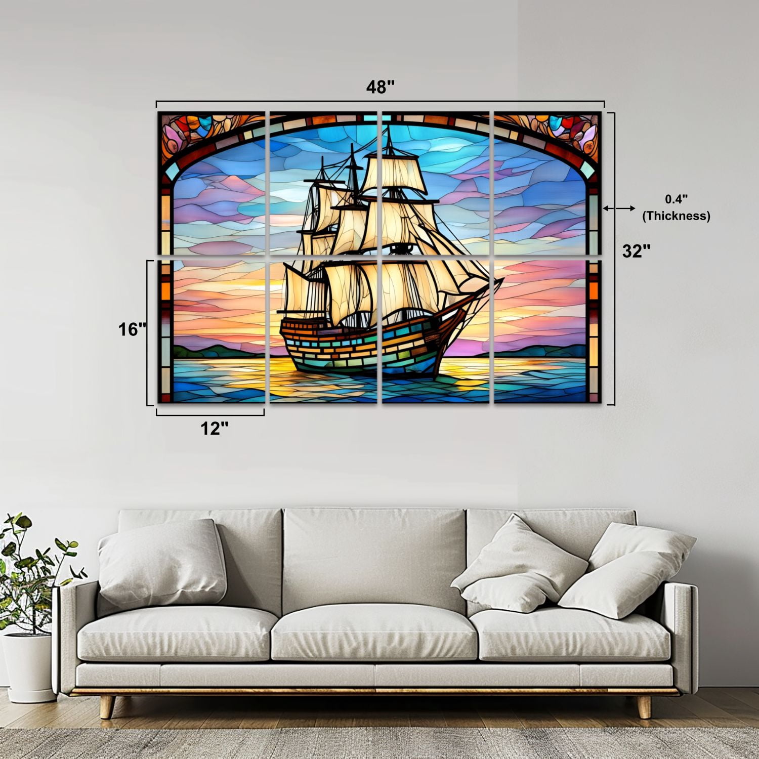 Stained Glass Style 8 Pack Art Acoustic Panels Sound Absorbing Ship Sailing Sea Sunset Decorative Soundproof Wall Panels Self Adhesive for Nursery Game Room Bedroom 48"x32"
