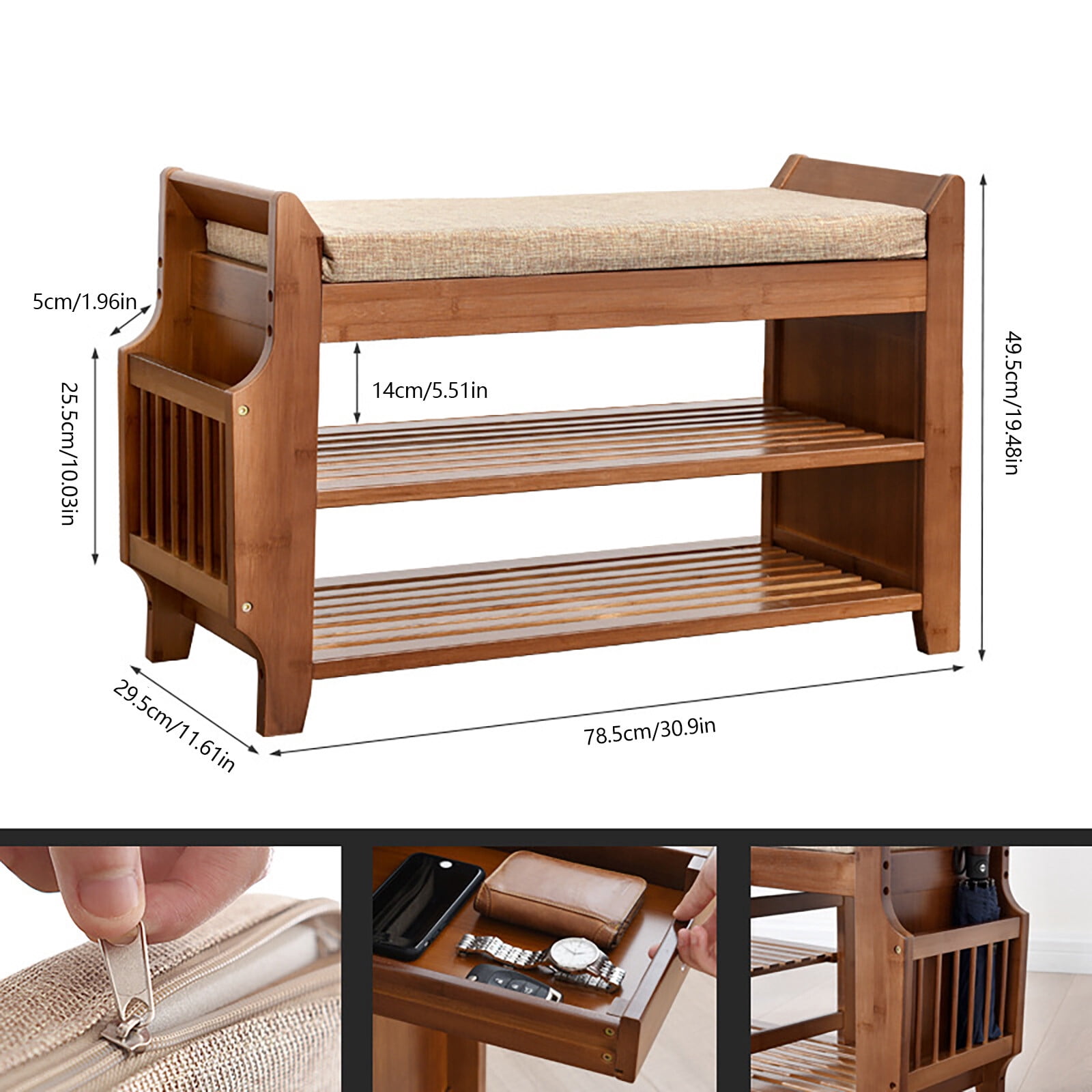 2 Tier Shoe Bench Shoe Storage Bench Rack Entryway Shoe Stool & Soft Seat Entryway Shoe Bench 2-Tier Vintage Shoe Rack Foyer Storage Benches Wood Shoe Cabinet with Small Drawer and Side Space