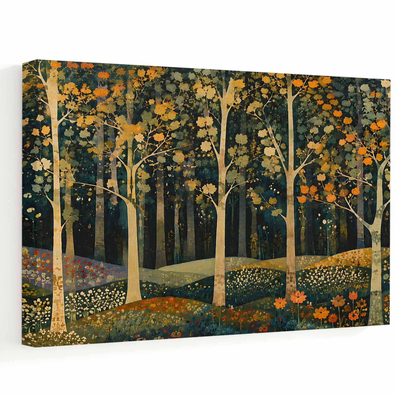 Fall Forest Canvas Wall Art Rustic Green Leaf Orange Flower Brown Tree Cottagecore Wall Art Prints Artwork Framed Canvas Ready to Hang Art Pictures for Hallway Living Dining Room Bedroom 24 x 16