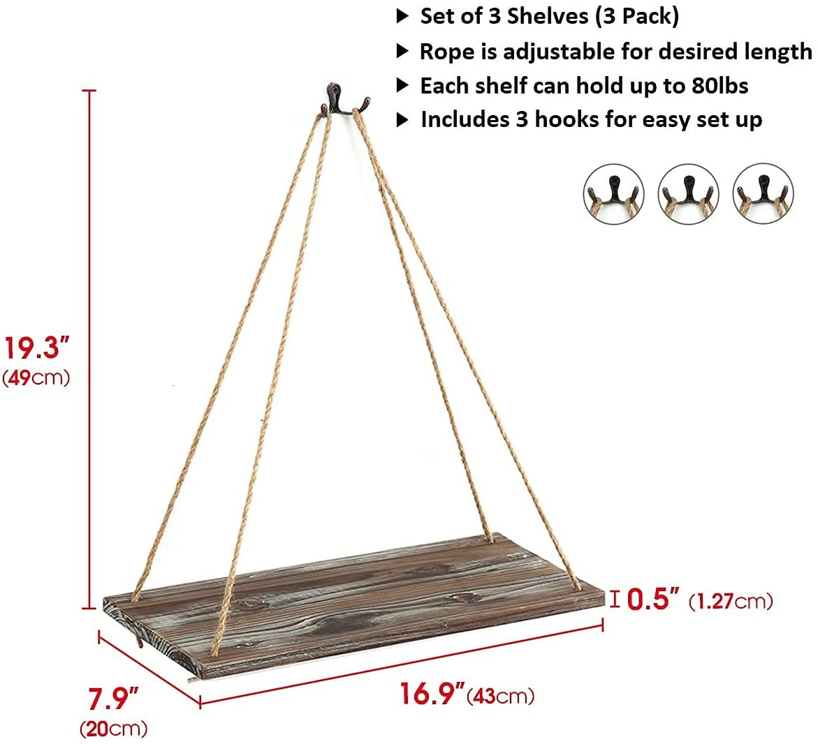 J JACKCUBE DESIGN Rustic Wood Hanging Shelves Set of 3 Farmhouse Bohemian Room Décor Floating Rope Display Shelf Plant Holder for Living Room Bedroom Kitchen Rope Shelves -MK555AAA