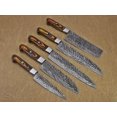 thumbnail image 2 of 5 Pieces Damascus steel Hammered kitchen knife set, 2 tone Yellow wood scale, 54 inches long sharp knives, Custom made hand forged Hammered Damascus steel blade, Goat suede Roll Leather sheath, 2 of 4