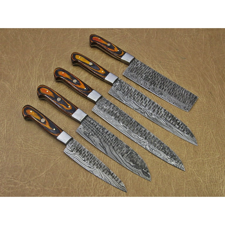 5 Pieces Damascus steel Hammered kitchen knife set, 2 tone Yellow