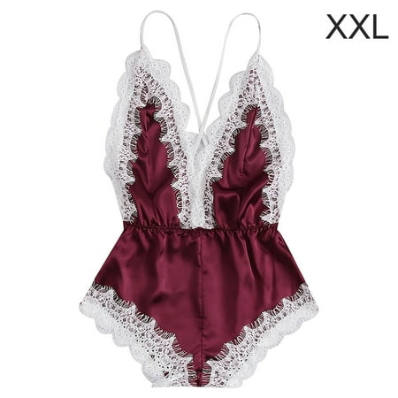 

Sexy Lingerie Women Deep V-neck Underwear Girl Lace Mesh Bodysuit Wine Red XXL