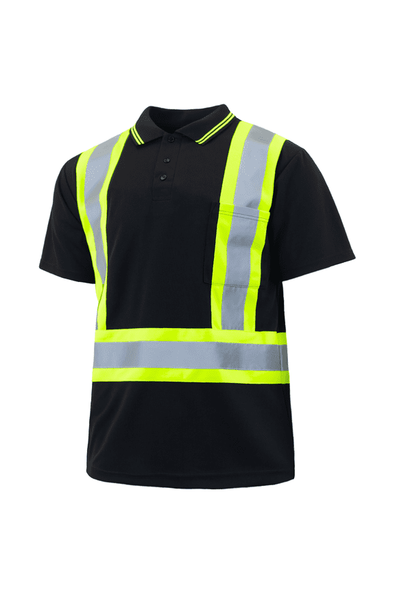 Hi-Vis Short Sleeve Safety Polo Shirt, ANSI Class 1 (Black, XL)