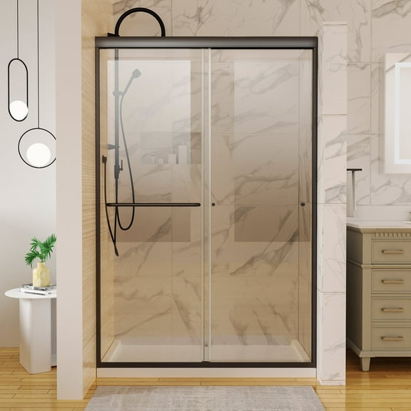 JimsMaison 44-48"W x 72"H Semi-Frameless Sliding Shower Door,Tempered Glass, Matte Black
